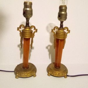 Antique Art Deco Butterscotch Bakelite & Brass Boudoir Lamps
